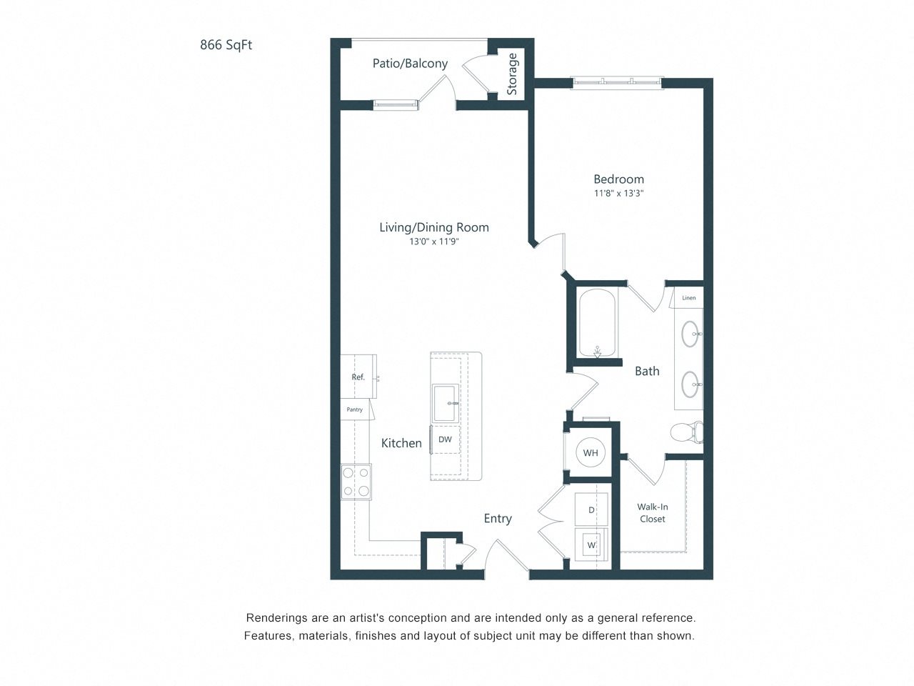 A4 Floor Plan 866 square foot one bedroom one bath